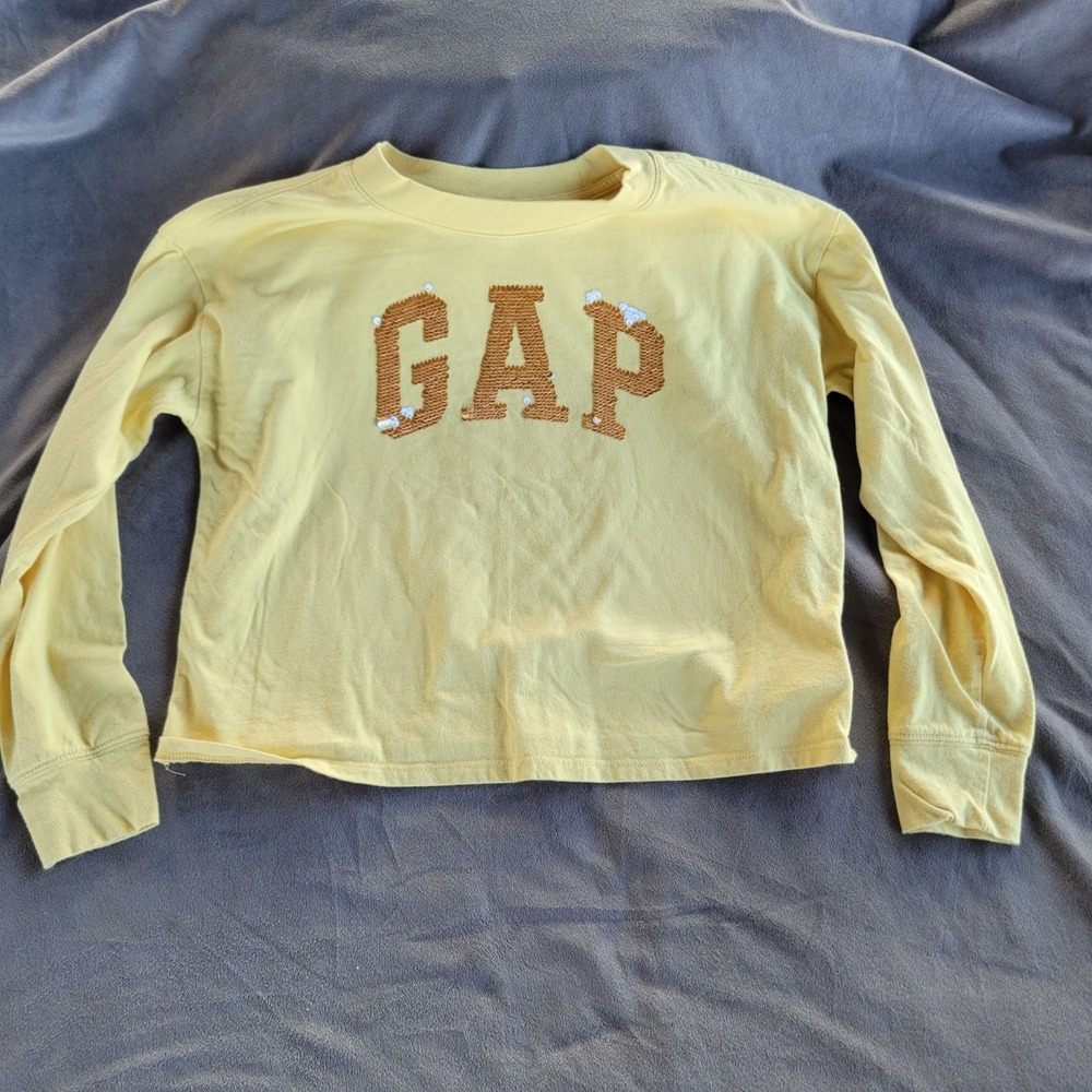 Gap Kids Long Sleeve T-Shirt For Girls L Yellow Sequin Logo Cotton Casual